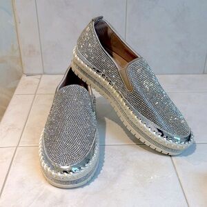 Belifi Stylish Thick Soled Silver and Rhinestone Slip-On Shoes. NWOT
